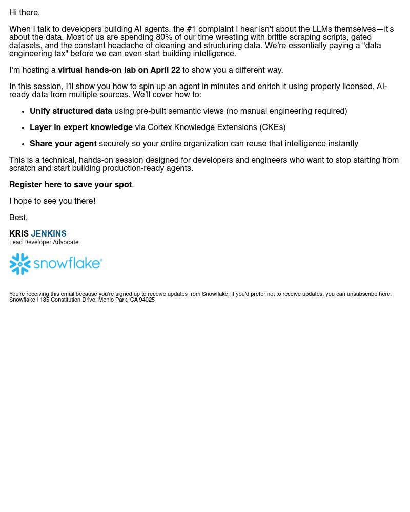 Screenshot of email sent to a Snowflake Newsletter subscriber