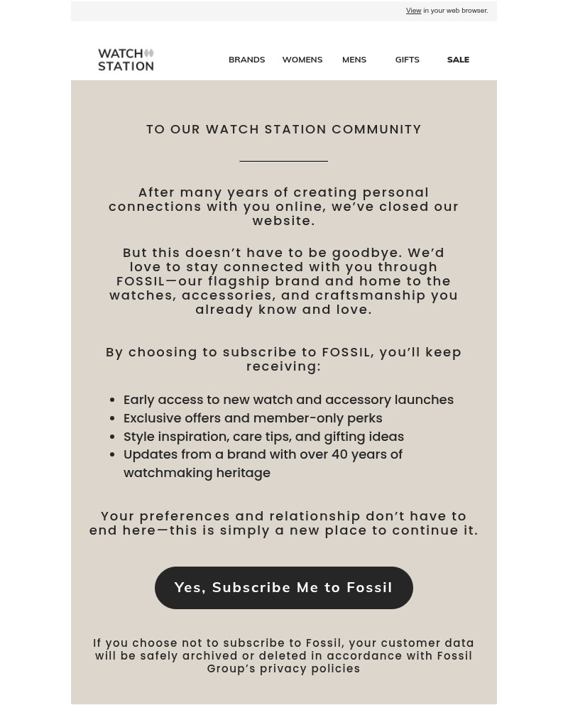 Screenshot of email sent to a Watch Station Newsletter subscriber