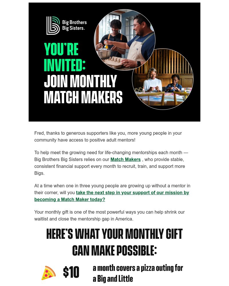 Screenshot of email sent to a Big Brothers Big Sisters of America Newsletter subscriber