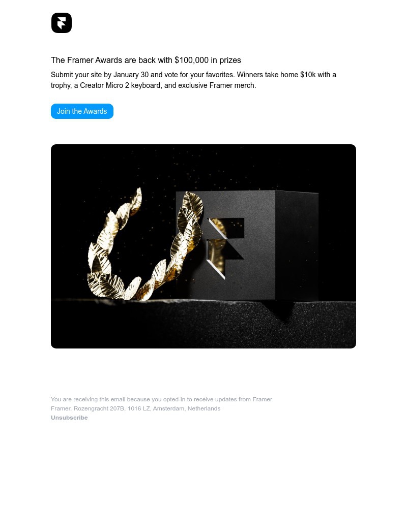 Screenshot of email sent to a Framer Registered user