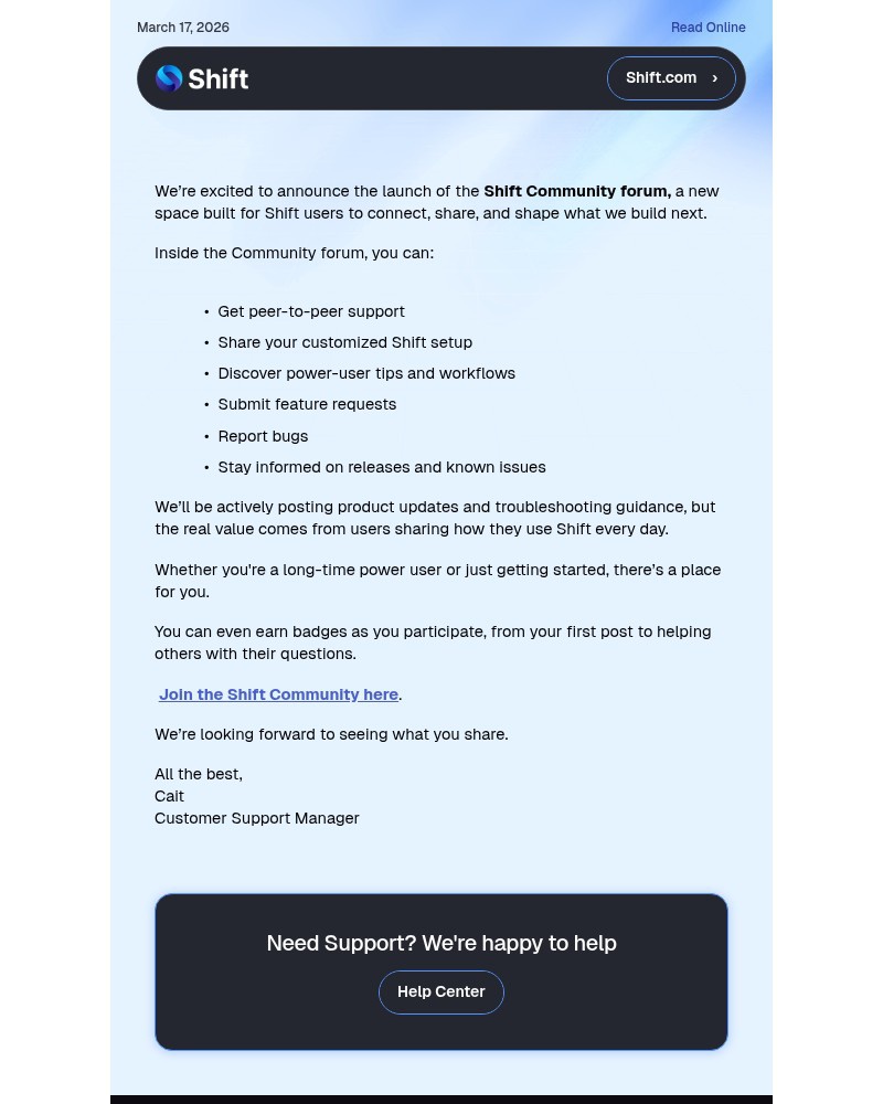 Screenshot of email sent to a Shift Newsletter subscriber