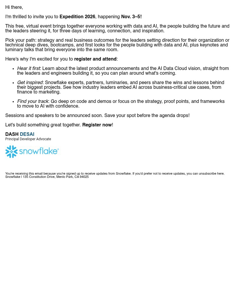 Screenshot of email sent to a Snowflake Newsletter subscriber