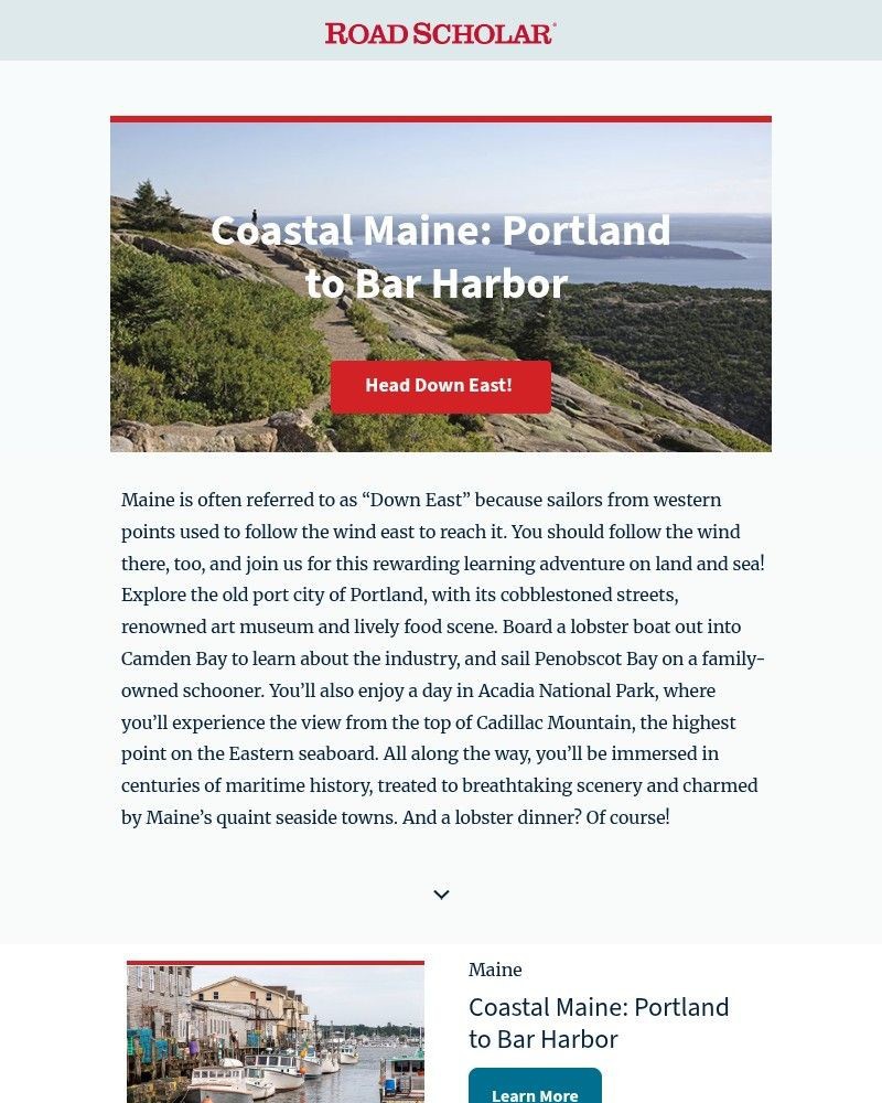 Screenshot of email sent to a Road Scholar Newsletter subscriber