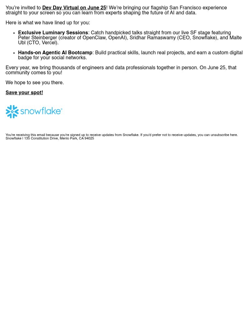 Screenshot of email sent to a Snowflake Newsletter subscriber