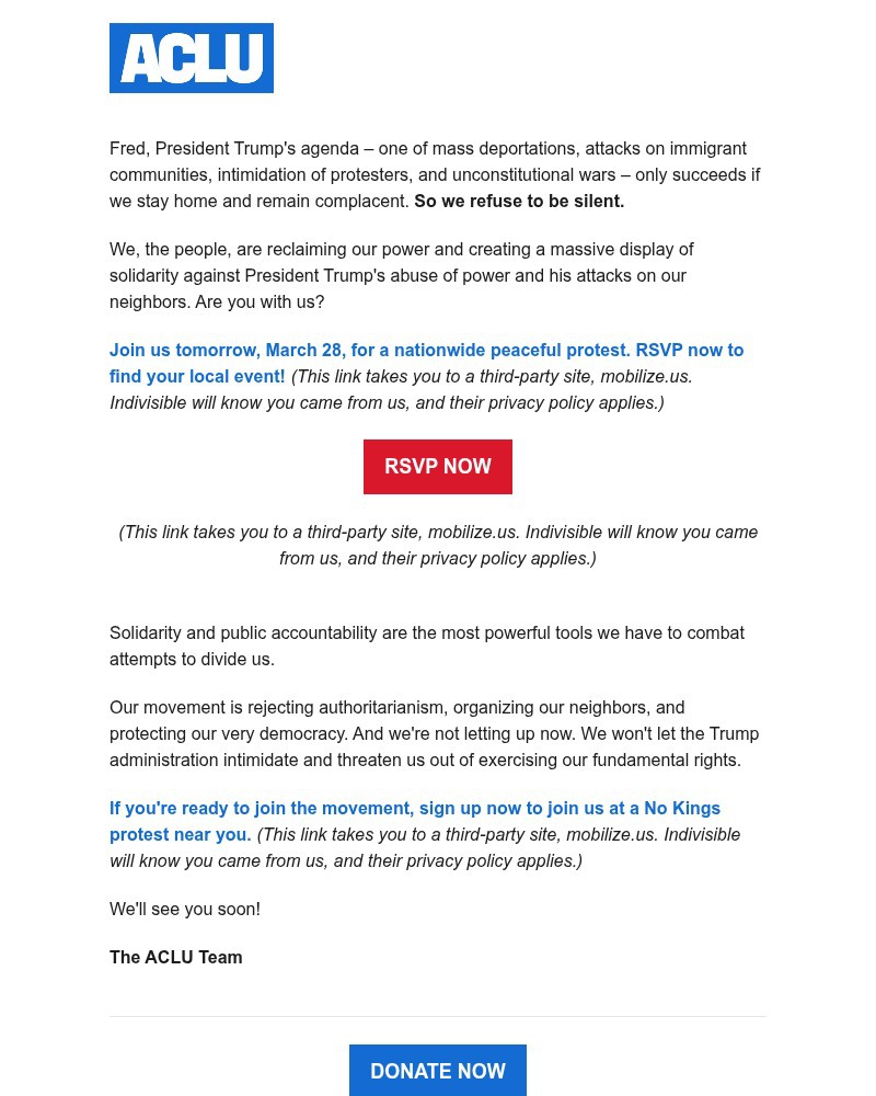Screenshot of email sent to a American Civil Liberties Union Newsletter subscriber