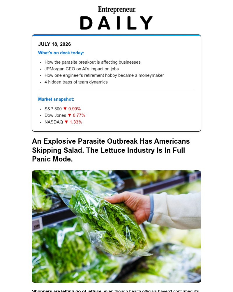 Screenshot of email sent to a Entrepreneur Newsletter subscriber
