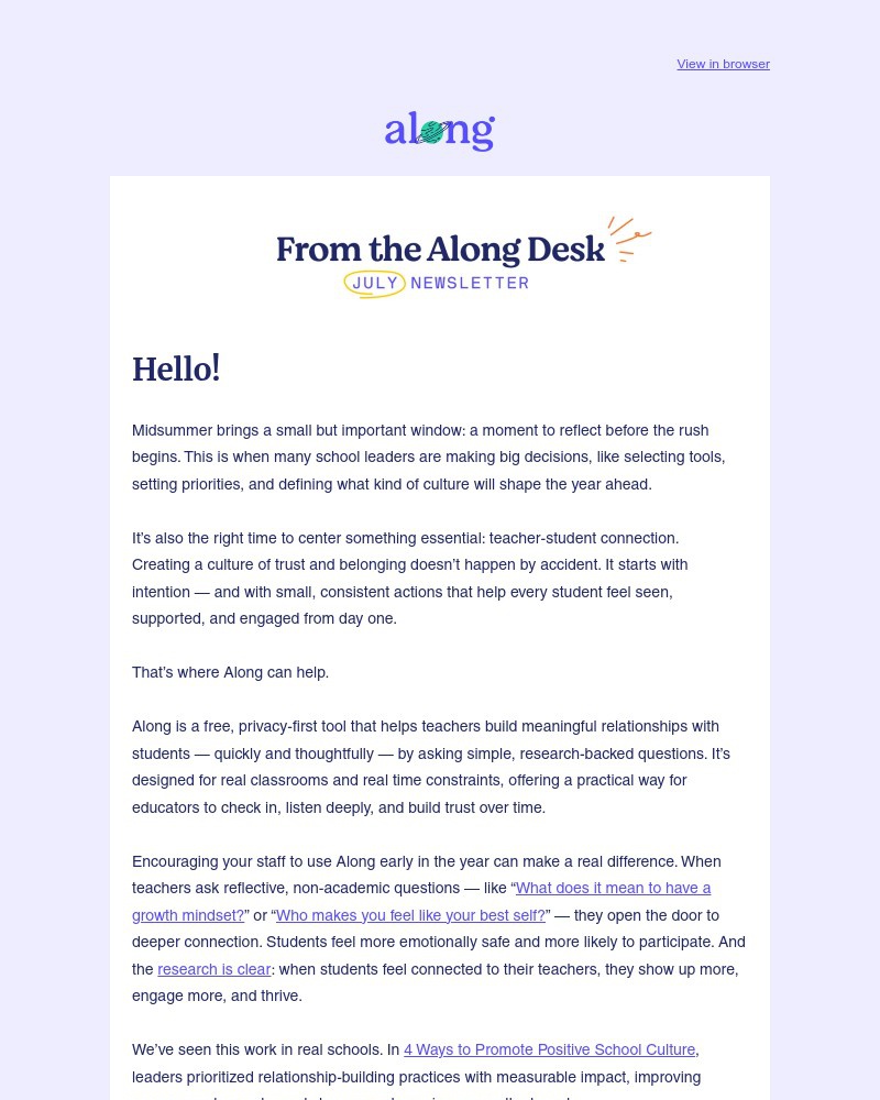 Screenshot of email sent to a Along Newsletter subscriber