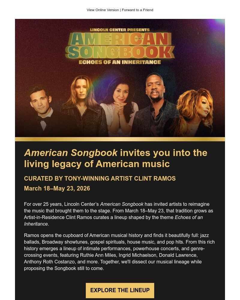 Screenshot of email sent to a Lincoln Center for the Performing Arts Newsletter subscriber