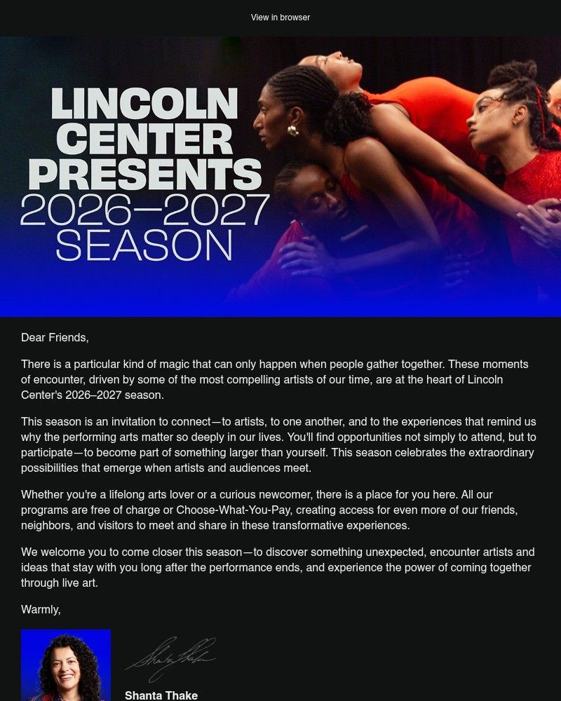 Screenshot of email sent to a Lincoln Center for the Performing Arts Newsletter subscriber