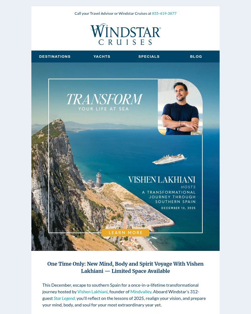 Screenshot of email sent to a Windstar Cruises Newsletter subscriber