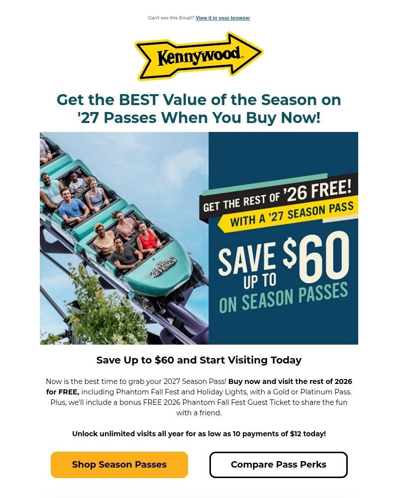 Screenshot of email sent to a Kennywood Newsletter subscriber
