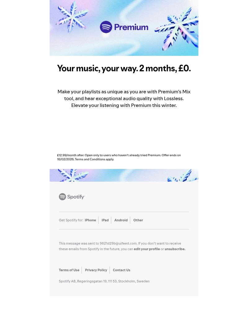 Screenshot of email sent to a Spotify Registered user