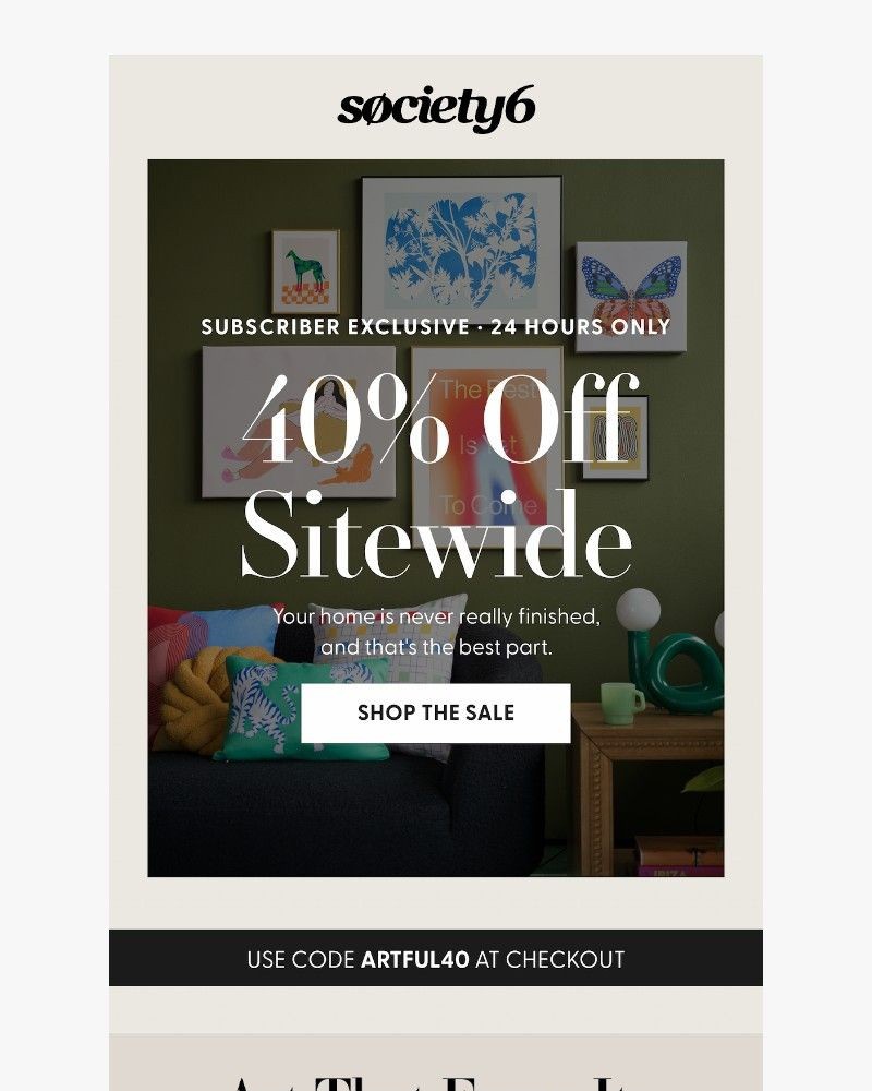 Screenshot of email sent to a Society6 Newsletter subscriber