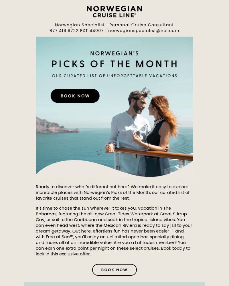 Screenshot of email sent to a Norwegian Cruise Line Newsletter subscriber