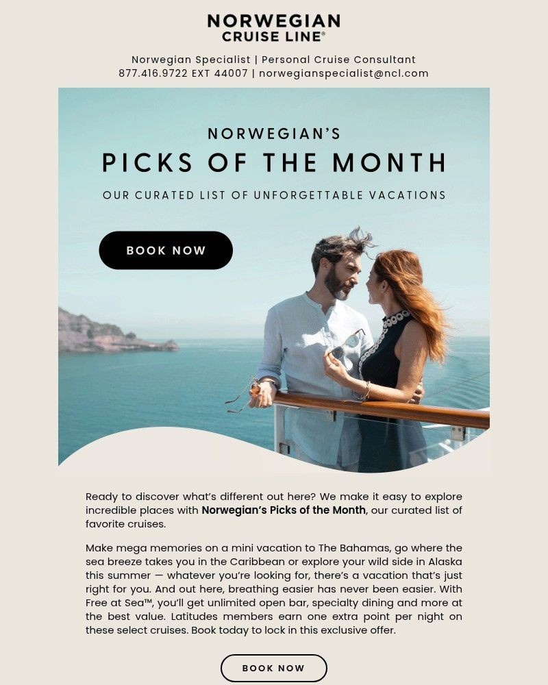 Screenshot of email sent to a Norwegian Cruise Line Newsletter subscriber