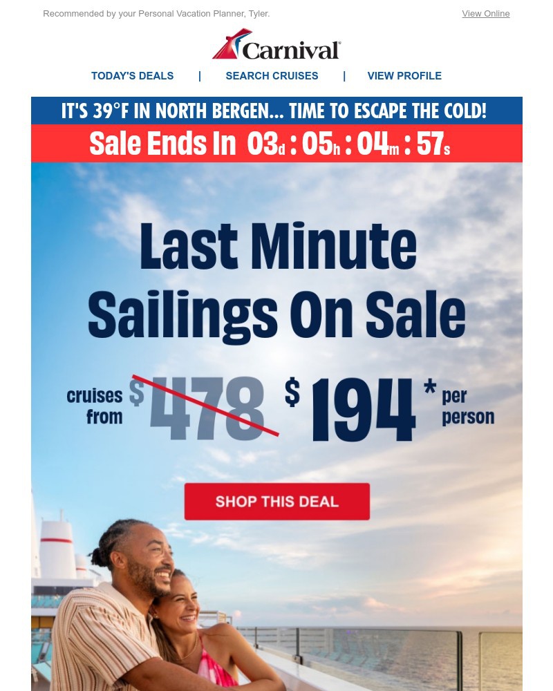 Screenshot of email sent to a Carnival Cruise Line Registered user
