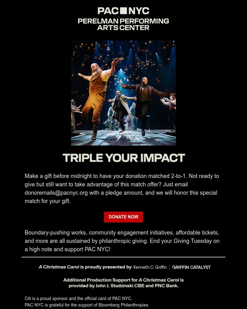 Screenshot of email sent to a Perelman Performing Arts Center (PAC NYC) Newsletter subscriber