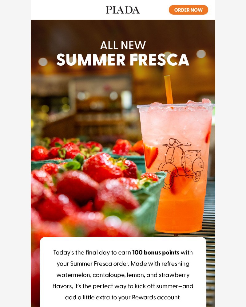 Screenshot of email sent to a Piada Italian Street Food Newsletter subscriber