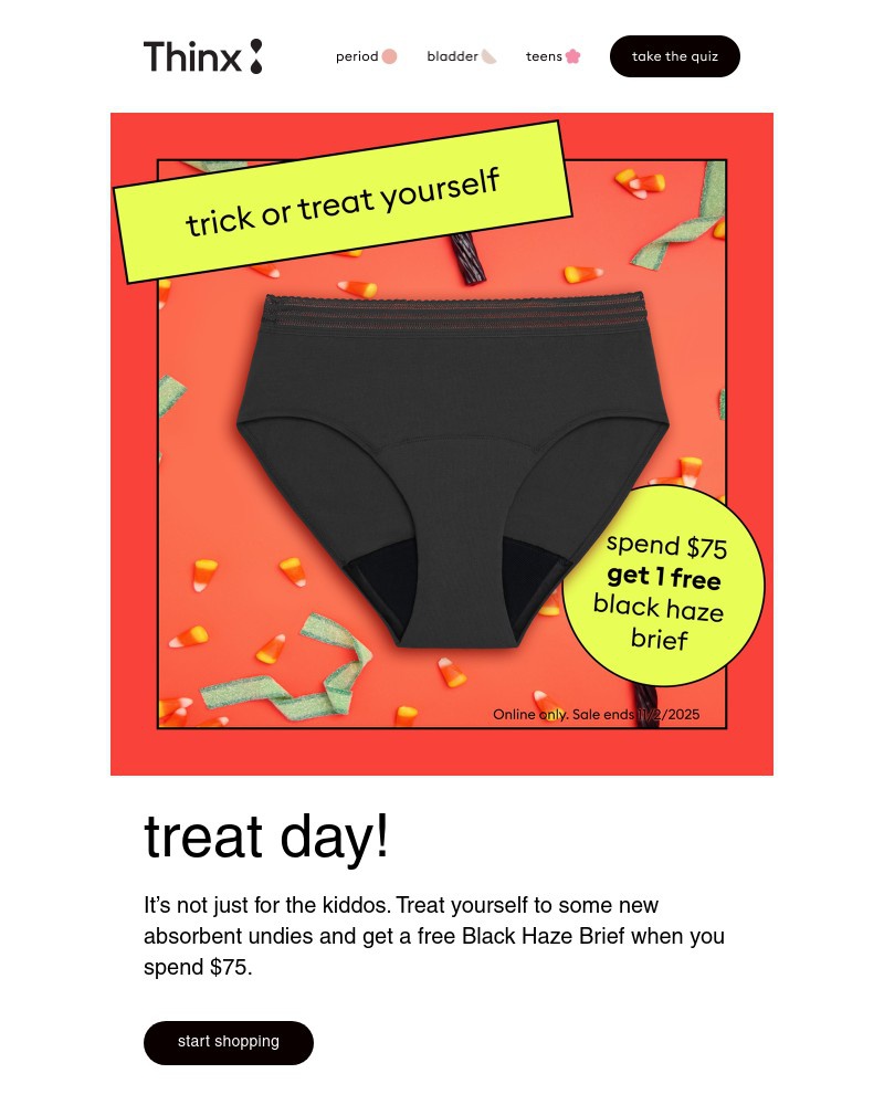 Screenshot of email sent to a Thinx Newsletter subscriber