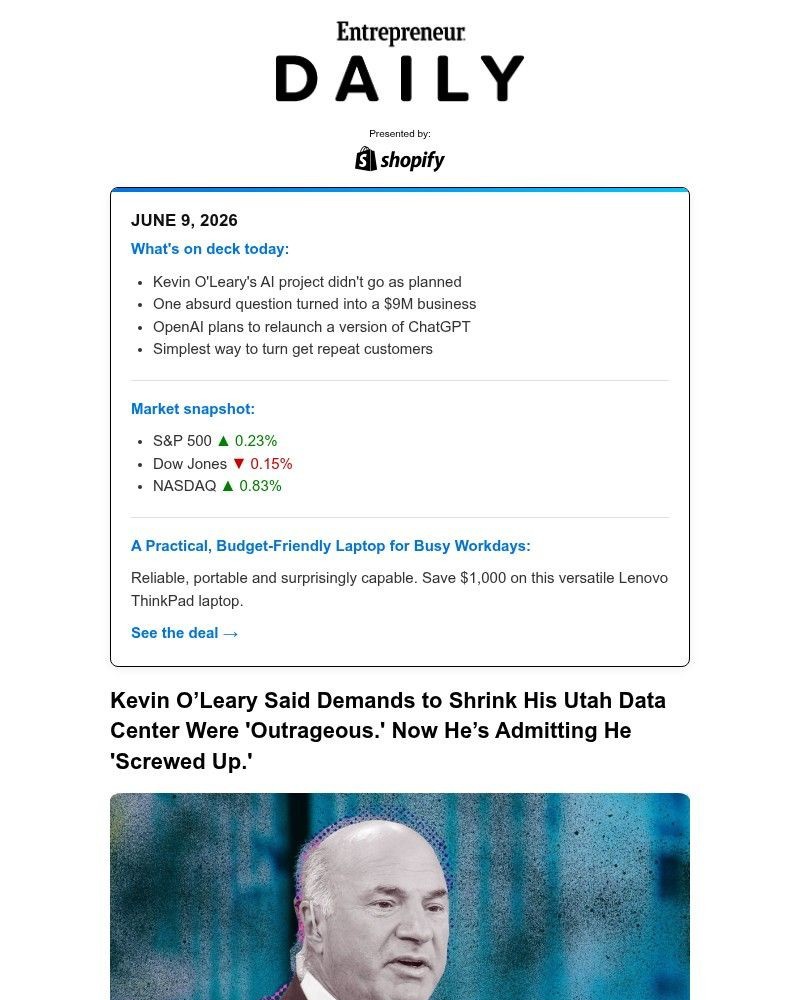 Screenshot of email sent to a Entrepreneur Newsletter subscriber