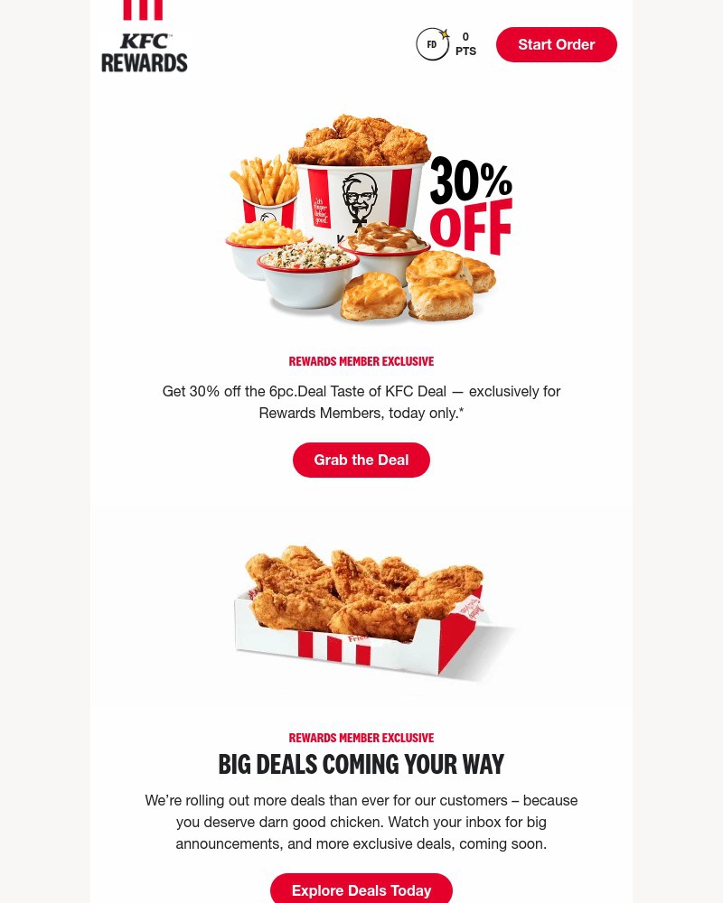 Screenshot of email sent to a Kentucky Fried Chicken Registered user