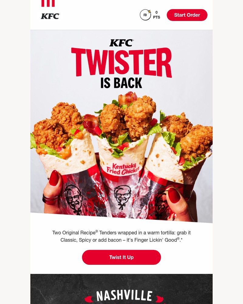 Screenshot of email sent to a Kentucky Fried Chicken Registered user