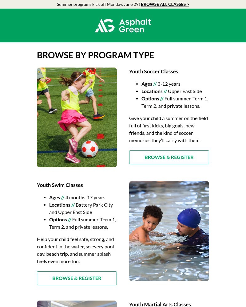 Screenshot of email sent to a Asphalt Green Newsletter subscriber