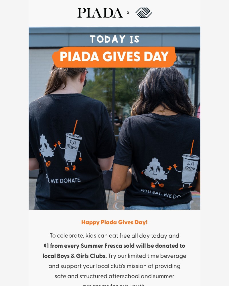Screenshot of email sent to a Piada Italian Street Food Newsletter subscriber