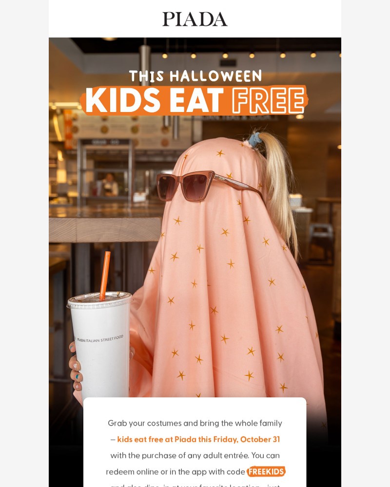 Screenshot of email sent to a Piada Italian Street Food Newsletter subscriber