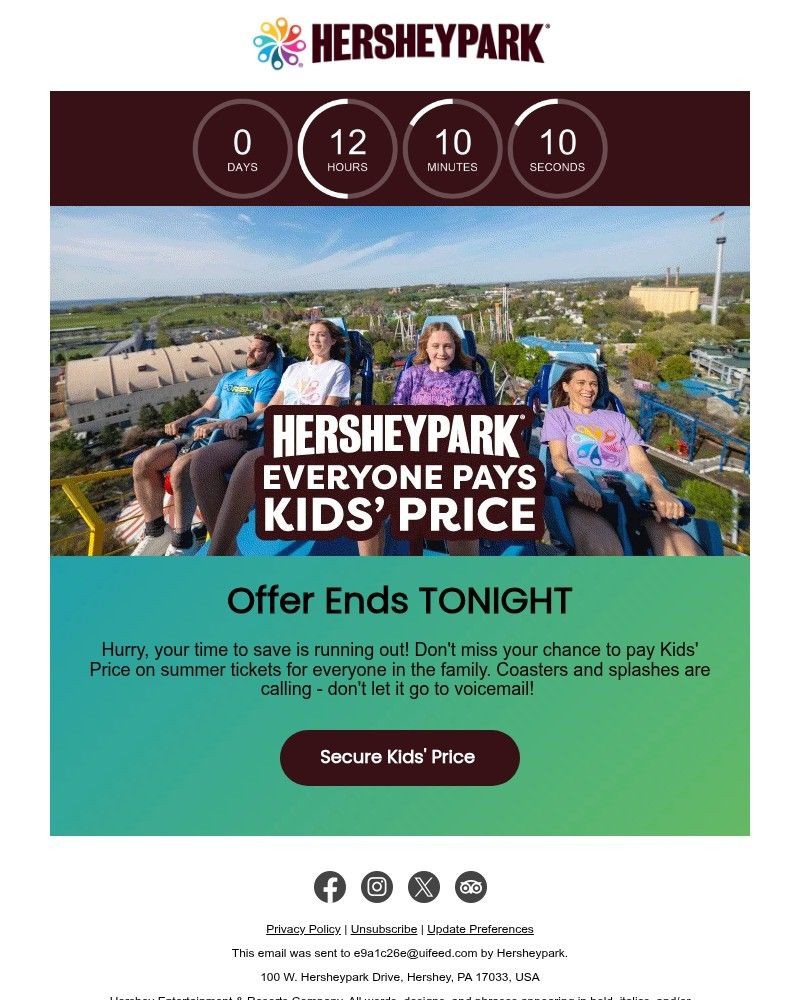 Screenshot of email sent to a Hershey Park Newsletter subscriber