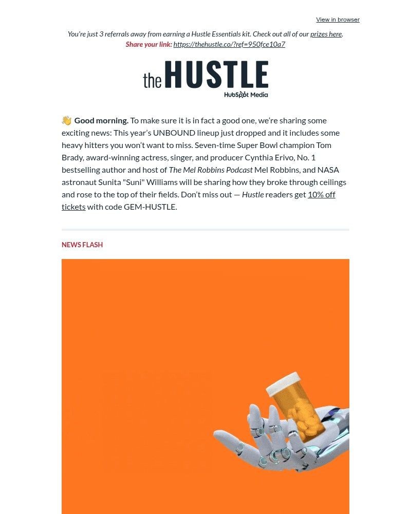 Screenshot of email sent to a The Hustle Newsletter subscriber
