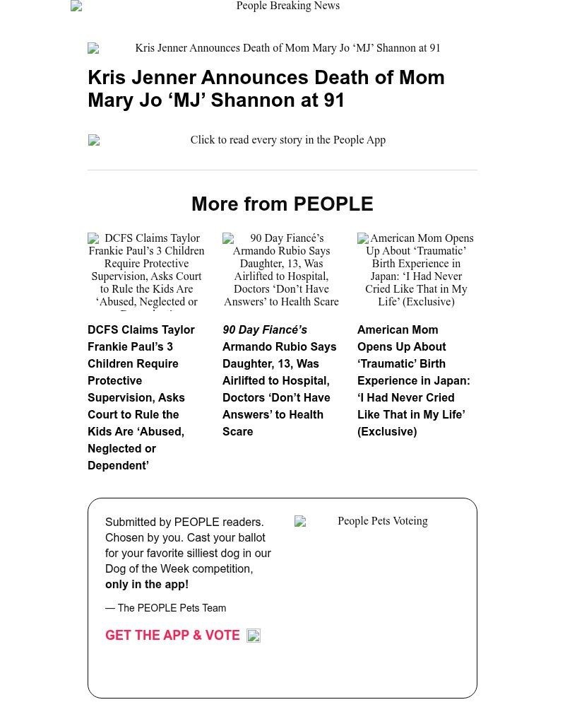 Screenshot of email sent to a People Newsletter subscriber