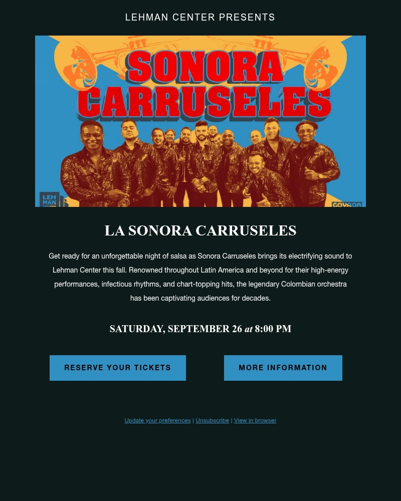 Screenshot of email sent to a Lehman Center for the Performing Arts Newsletter subscriber