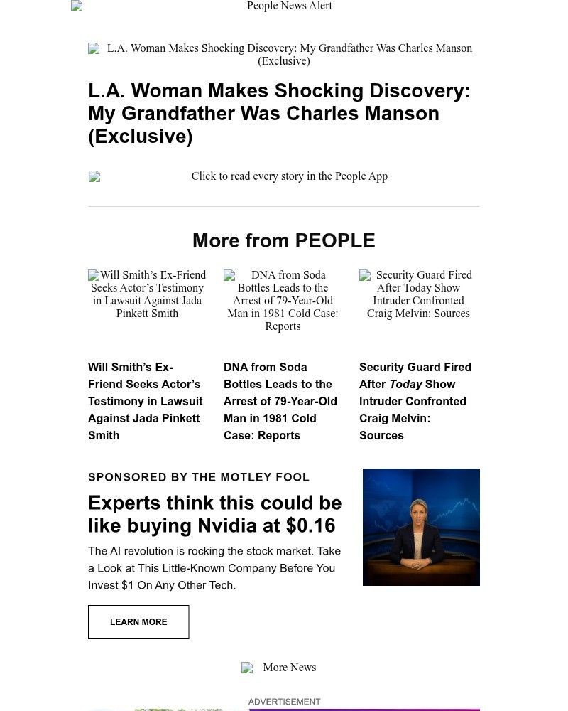Screenshot of email sent to a People Newsletter subscriber