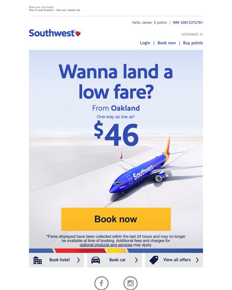 Screenshot of email sent to a Southwest Registered user