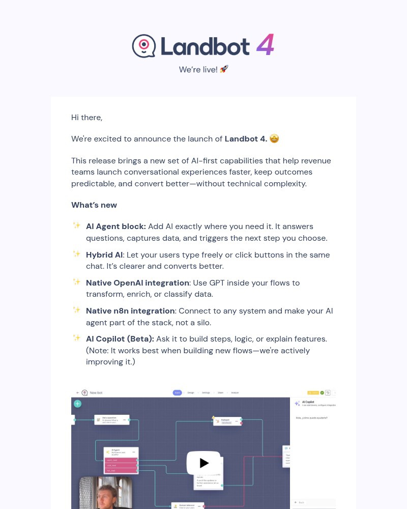 Screenshot of email sent to a Landbot Trial user