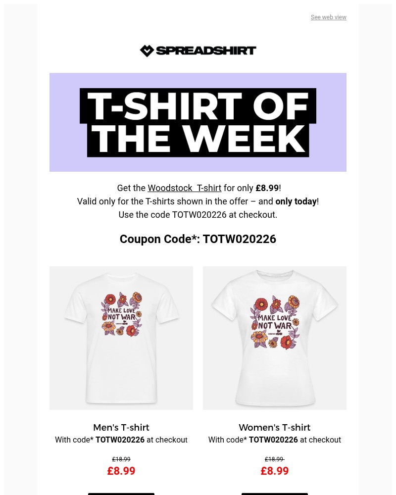 Screenshot of email sent to a Spreadshirt Newsletter subscriber