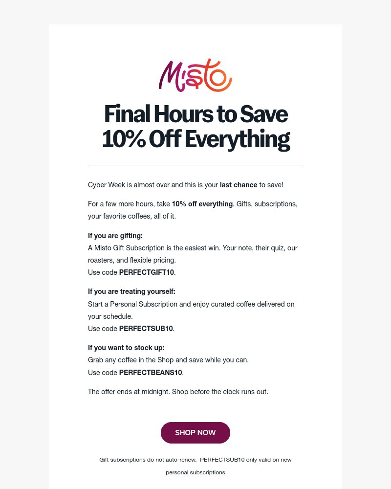 Screenshot of email sent to a Misto Box Newsletter subscriber