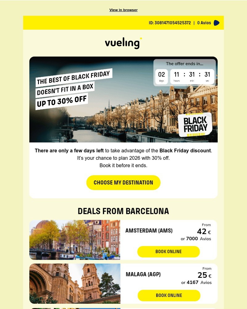 Screenshot of email sent to a Vueling Registered user