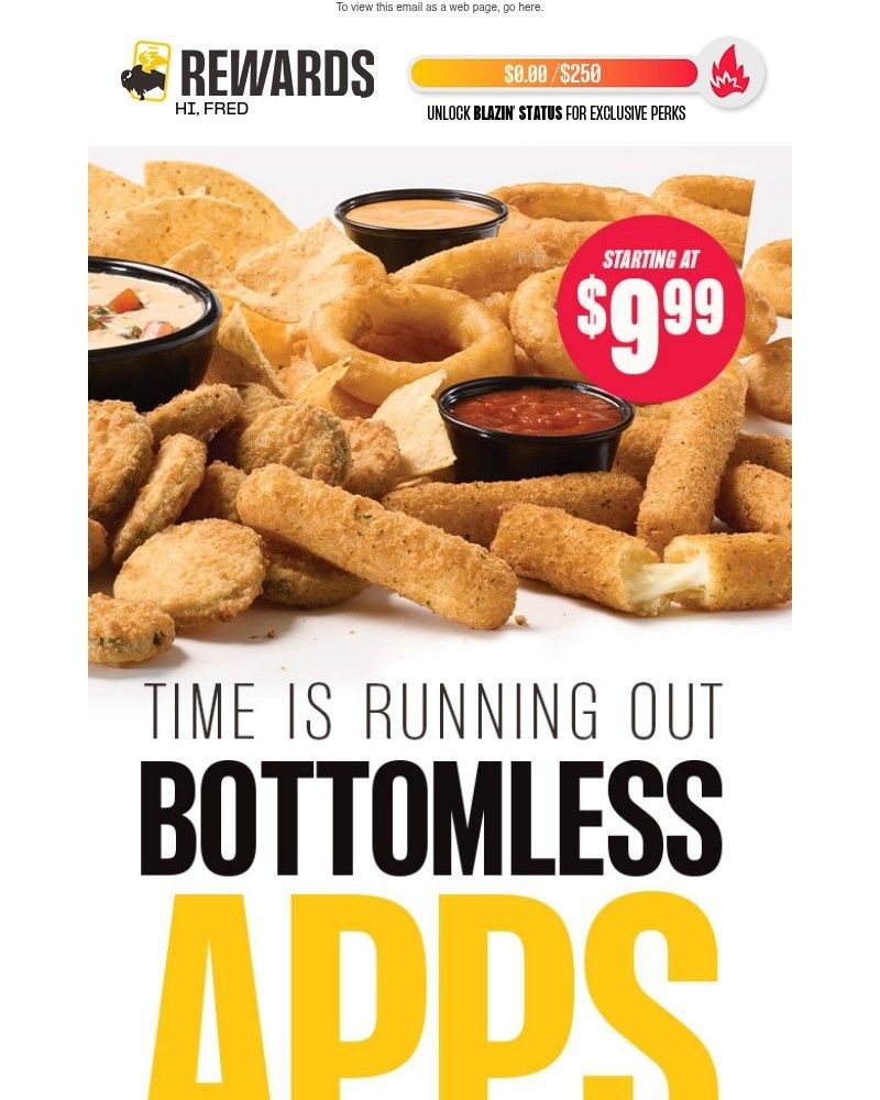 Screenshot of email sent to a Buffalo Wild Wings Registered user