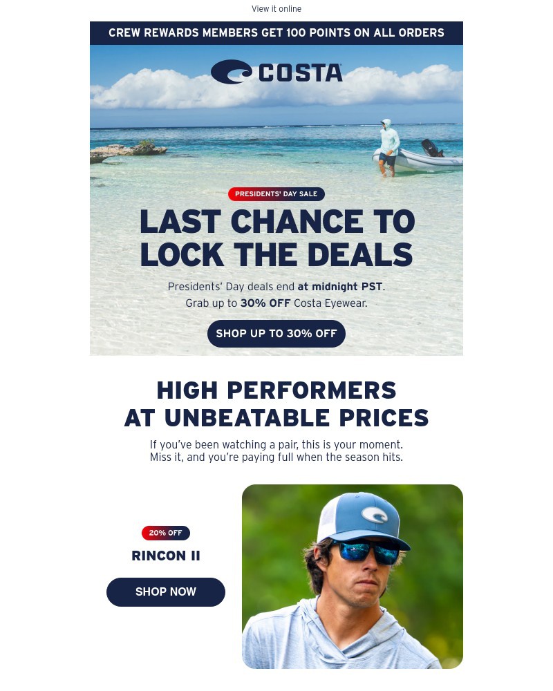 Screenshot of email sent to a Costa del Mar Newsletter subscriber