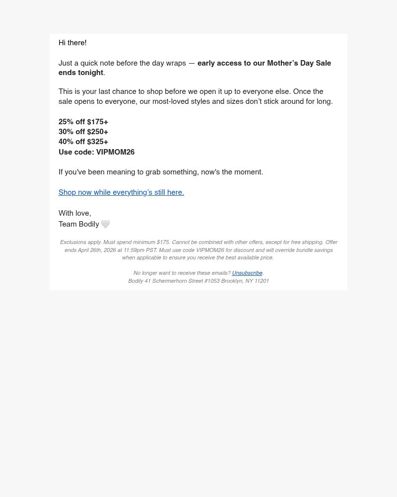 Screenshot of email sent to a Bodily Newsletter subscriber