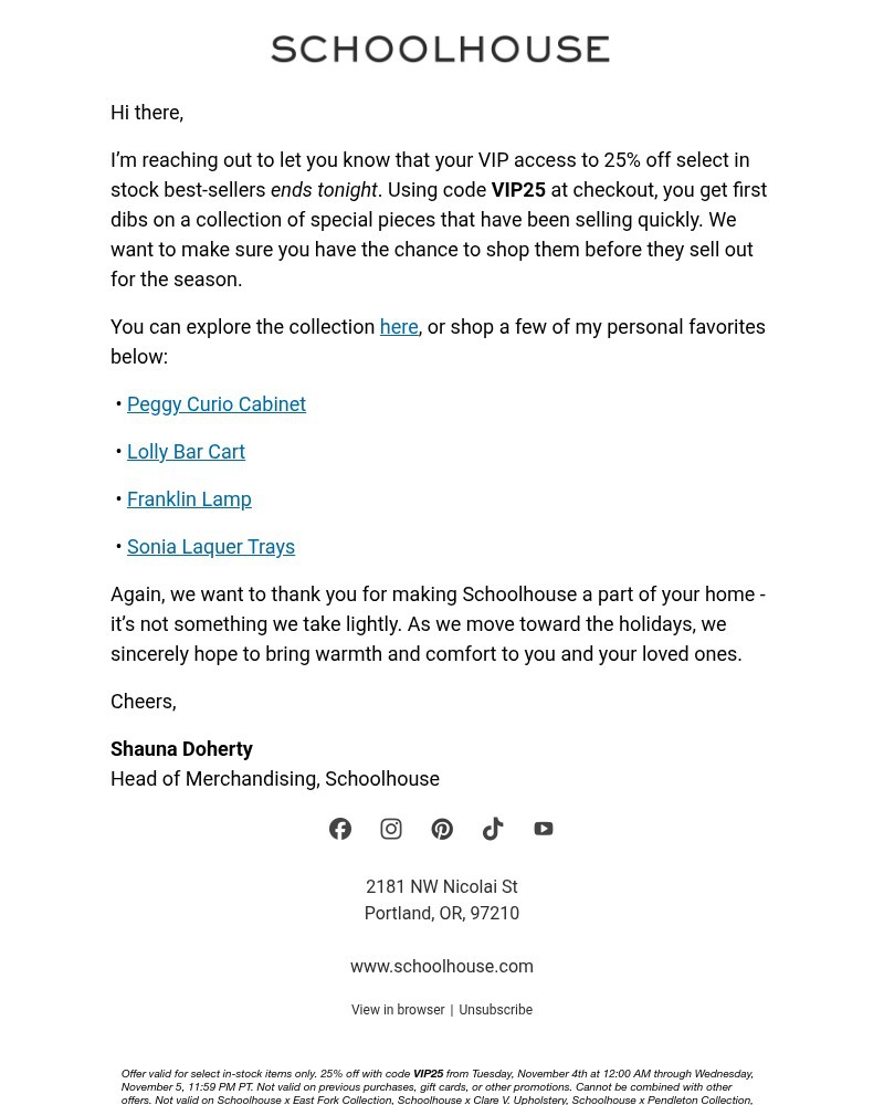 Screenshot of email sent to a Schoolhouse Newsletter subscriber