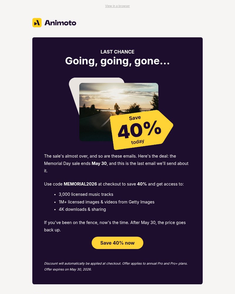 Screenshot of email sent to a Animoto Registered user