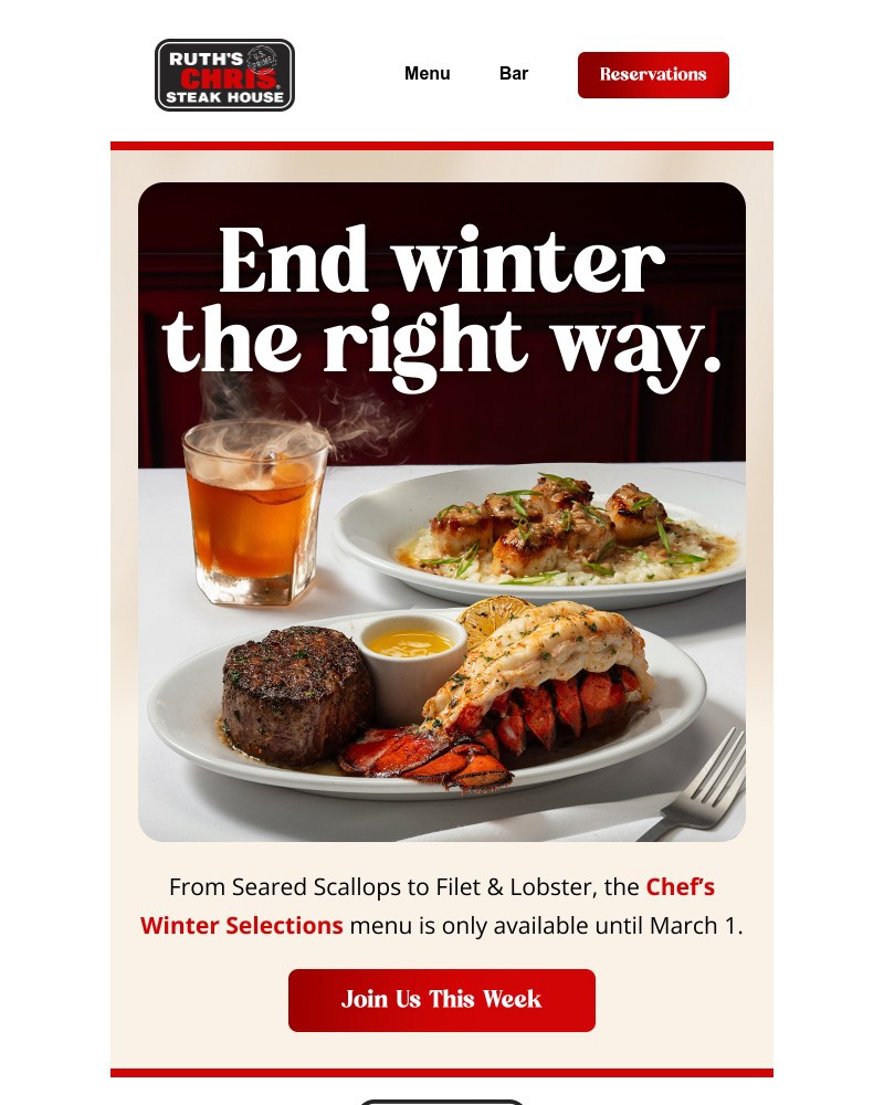 Screenshot of email sent to a Ruth’s Chris Newsletter subscriber