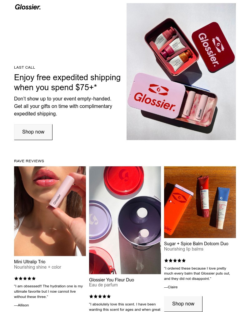 Screenshot of email sent to a Glossier Newsletter subscriber