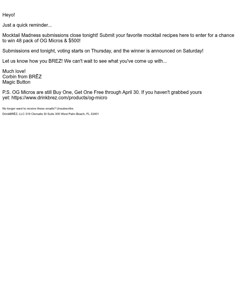 Screenshot of email sent to a Brez Newsletter subscriber