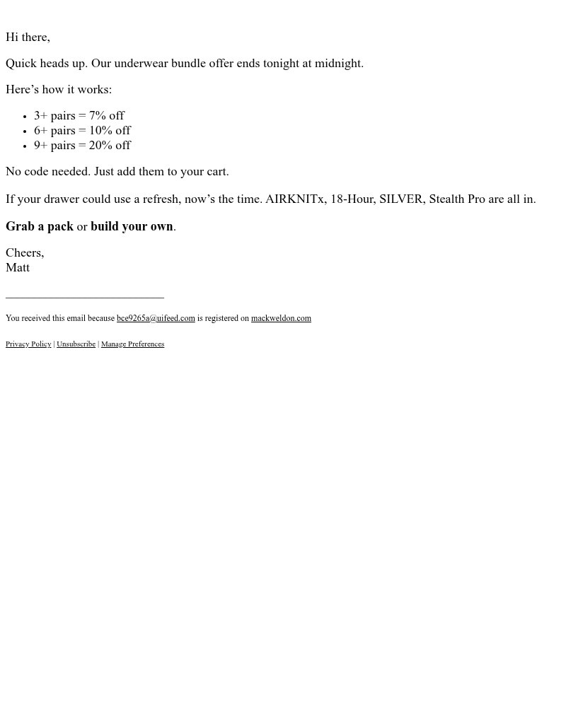 Screenshot of email sent to a Mack Weldon Newsletter subscriber