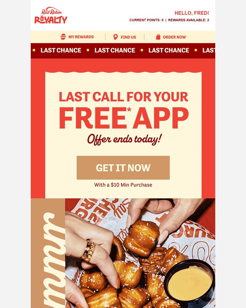 Screenshot of email sent to a Red Robin Registered user