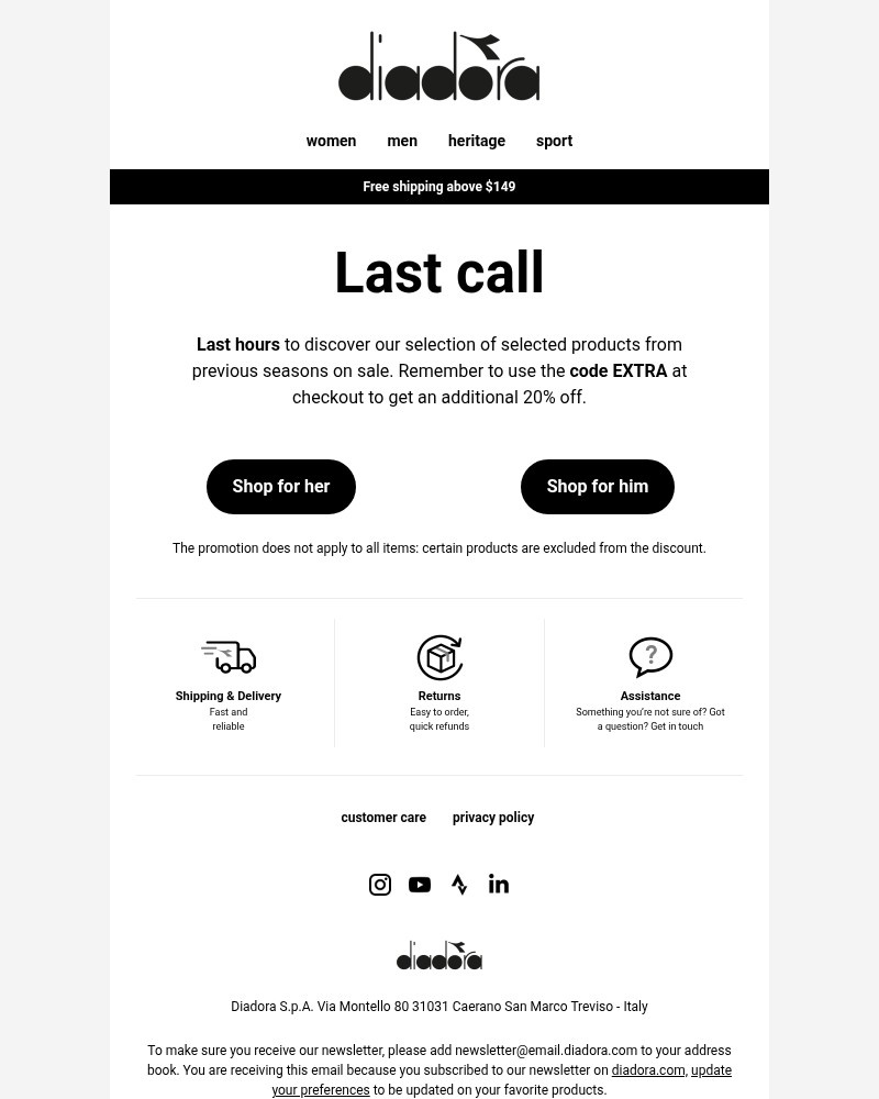 Screenshot of email sent to a Diadora Newsletter subscriber